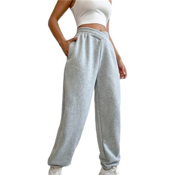 Women's Gray High Waisted Crossover Sweatpants Baggy Athletic Joggers Pants - Picture 3 of 7